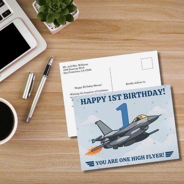 Kampfjet Flugzeug Junge Erster Geburtstag Postkarte (Von Creator hochgeladen)