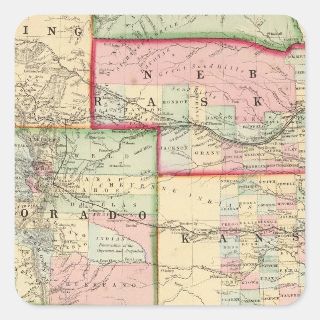 Kan, Neb, Colo Map von Mitchell Quadratischer Aufkleber (Vorderseite)