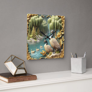 Kanada Gänse inmitten der weinenden Willows Quadratische Wanduhr