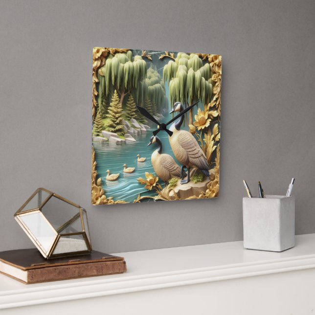 Kanada Gänse inmitten der weinenden Willows Quadratische Wanduhr (Büro)