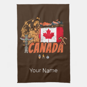 Kanada Vintage-Flagge und Grislybär-Feiertag Geschirrtuch