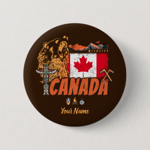 Kanada Vintage-Flagge und Grizzlybär-Feiertag Button