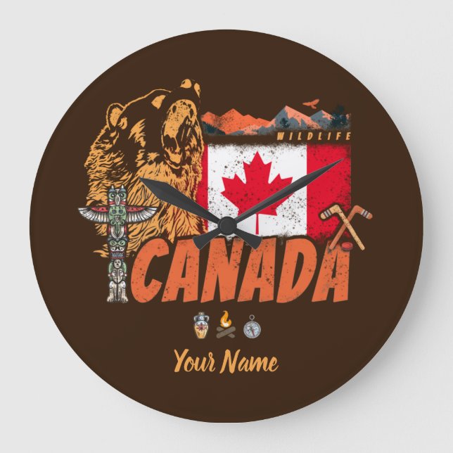 Kanada Vintage Flagge und Grizzlybär Souvenir Große Wanduhr (Vorderseite)