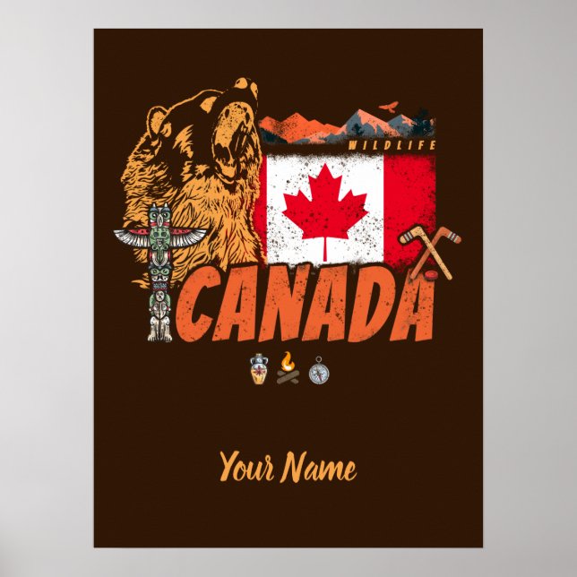 Kanada Vintage Flagge und Grizzlybär Souvenir Poster (Vorne)