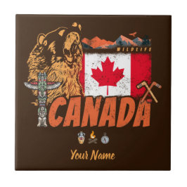 Kanada Vintage Flagge und Grizzlybären Urlaub Fliese