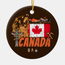 Kanada Vintage Flagge und Grizzlybären Urlaub Keramik Ornament