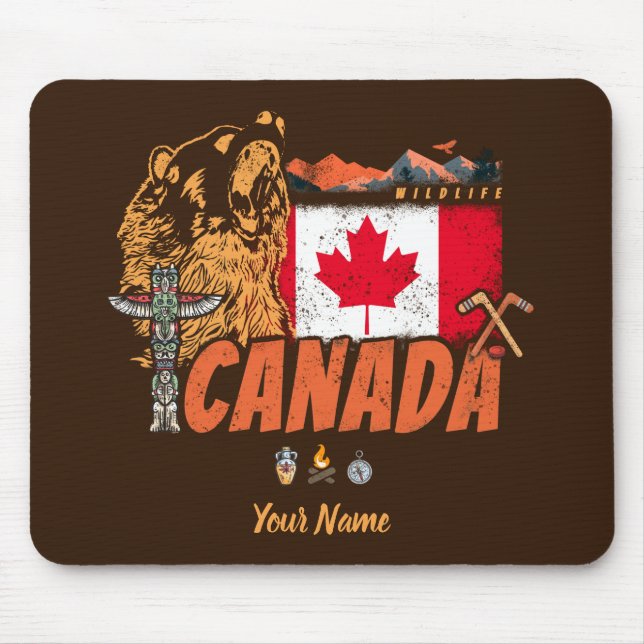 Kanada Vintage Flagge und Grizzlybären Urlaub Mousepad (Vorne)
