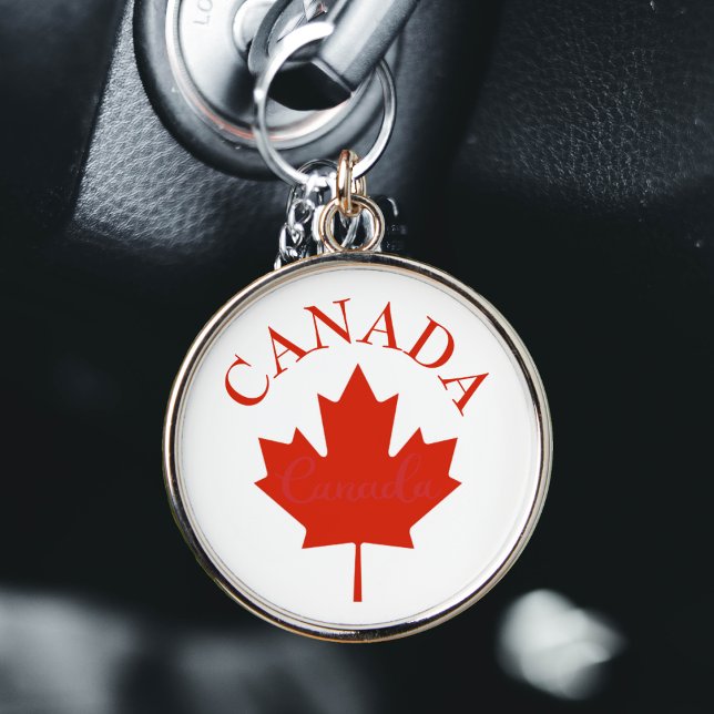 Kanadas rote und weiße kanadische Flagge Schlüsselanhänger (Canada Canadian flag maple leaf round silver keychain)
