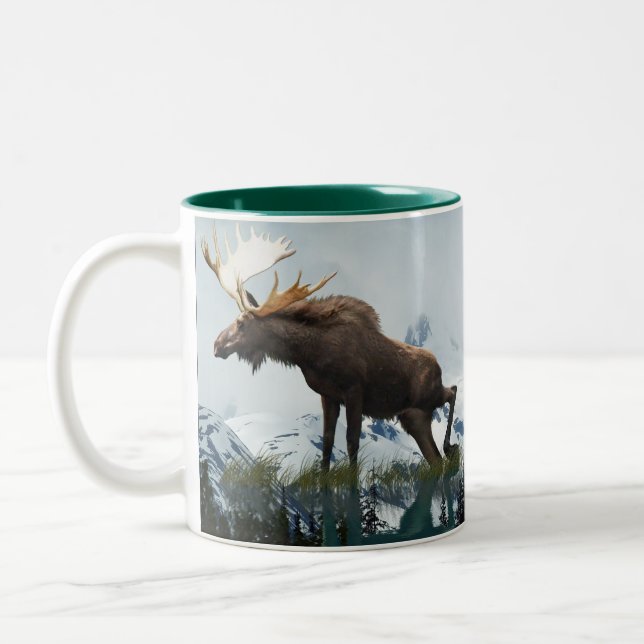 Kanadische Elche & Berge Natur Zweifarbige Tasse (Links)