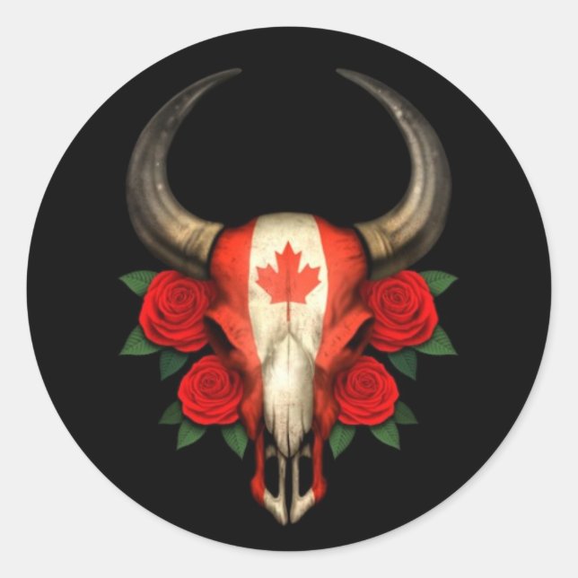 Kanadische Flagge Bull Skull mit Rote Rosen Runder Aufkleber (Vorderseite)