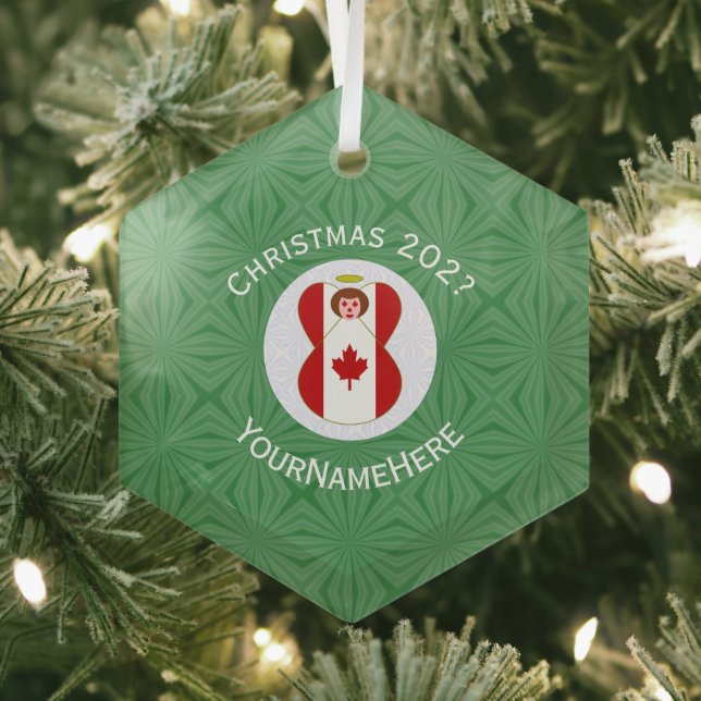 Kanadische Flagge Weihnachtsangel Name Jahr Hexago Ornament Aus Glas (Insitu)