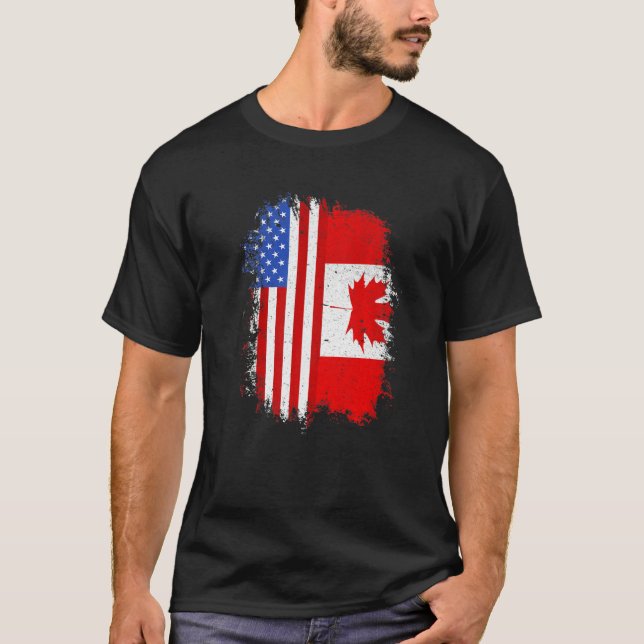 Kanadische Roots Half-Amerikanische Flagge Kanada T-Shirt (Vorderseite)