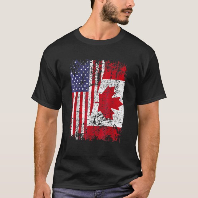Kanadische Roots Half-Amerikanische Flagge Kanada T-Shirt (Vorderseite)