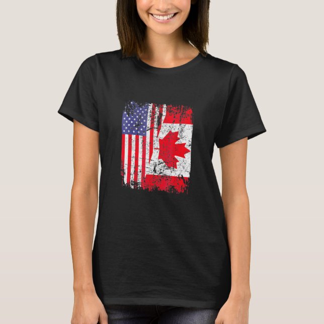 Kanadische Roots Half-Amerikanische Flagge Kanada T-Shirt (Vorderseite)