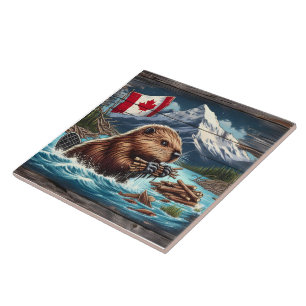 Kanadischer Biber sammelt Sticks in der Nähe von B Fliese