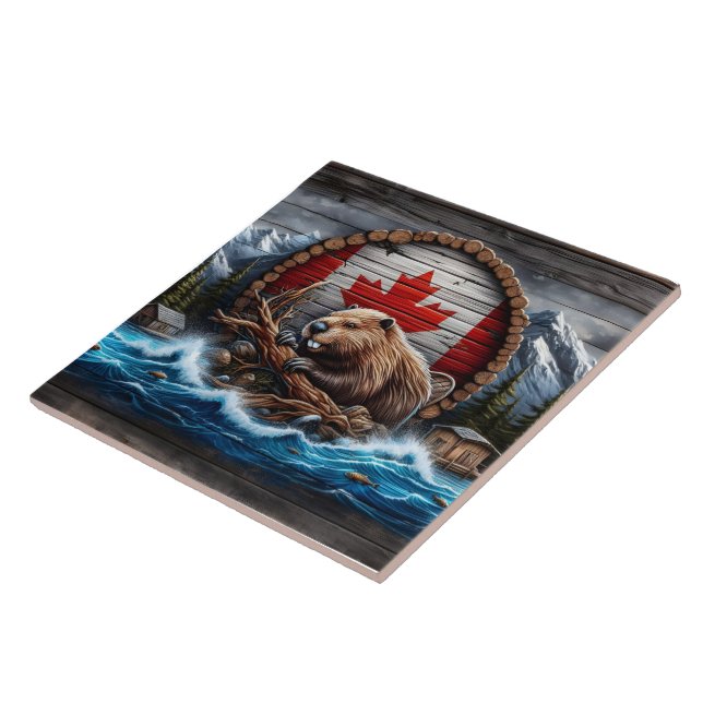 Kanadischer Biber vor der Berglandschaft Fliese (Seite)