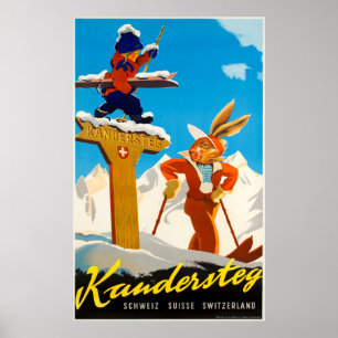 Kandersteg Schweiz Vintage Travel Ski Poster