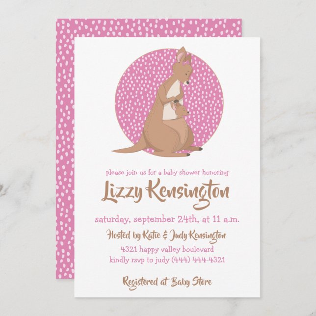 Kangaroo Baby Girl Dusche Pink Muster Einladung (Vorne/Hinten)