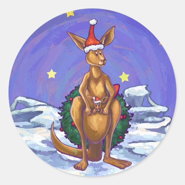 Kangaroo Christmas Starry Night Runder Aufkleber (Vorderseite)