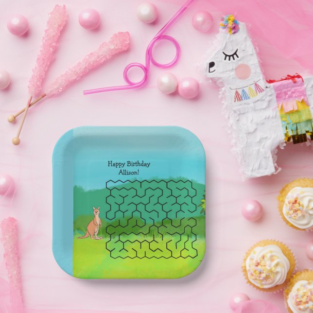Kangaroo und Blätter Maze Birthday Paper Teller (Party)