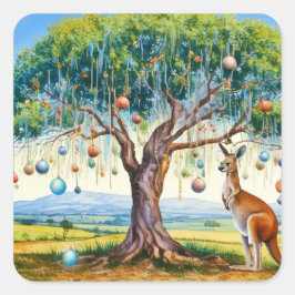 Kangaroo unter dem Hummer mit Weihnachtsbaumbaumho Quadratischer Aufkleber