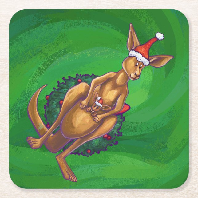 Kangaroo Weihnachten auf grün gestrichen Rechteckiger Pappuntersetzer (Vorderseite)