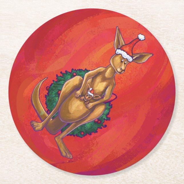 Kangaroo Xmas on Red Runder Pappuntersetzer (Vorderseite)