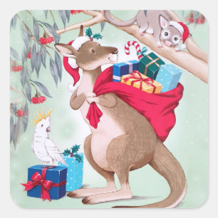 Känguru-Weihnachten - Australische Weihnachtskunst Quadratischer Aufkleber