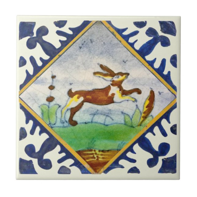 Kaninchen 1650er Delft Polychrome Repro Fliese (Vorderseite)