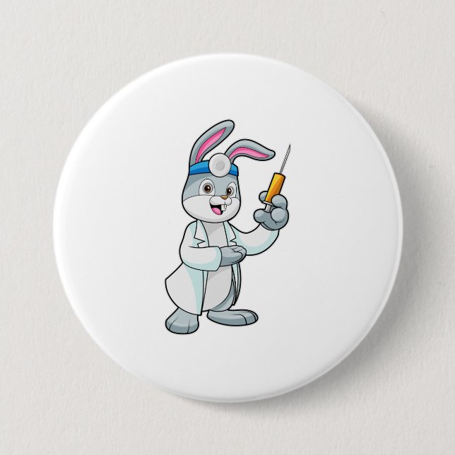 Kaninchen als Arzt bei Impfung mit Spritze Button (Vorderseite)
