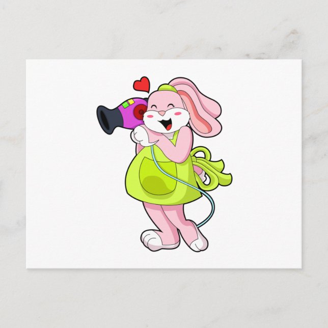 Kaninchen als Friseur mit Haartrockner Postkarte (Vorderseite)