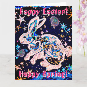 Kaninchen am Himmel mit Sternen und Eiern Karte