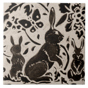 Kaninchen-Batik-Steingut-Waldtier-Tan-Grau Fliese