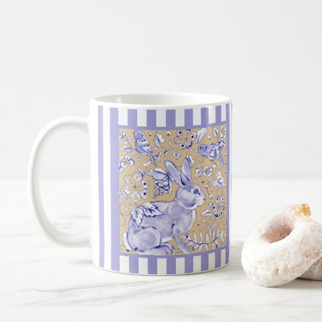 Kaninchen Bird Blaue Streifen Tan Blumenblättern Kaffeetasse (Mit Donut)
