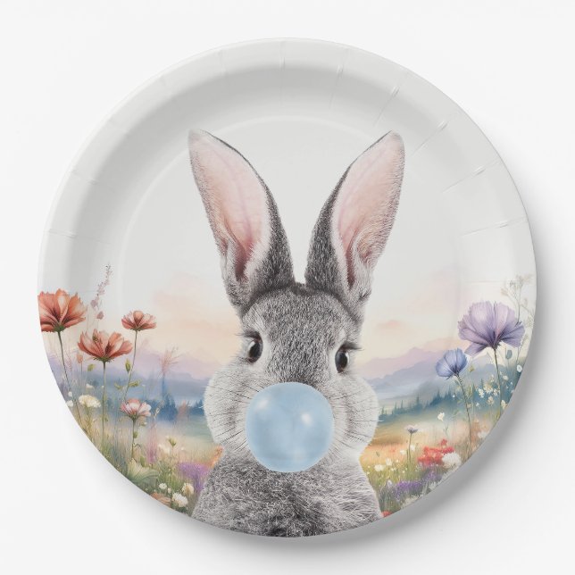 Kaninchen blasen Kaugummi mit Wildblumen Pappteller (Vorderseite)