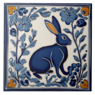 Kaninchen Blau und Weiß Volkskunst Fliese