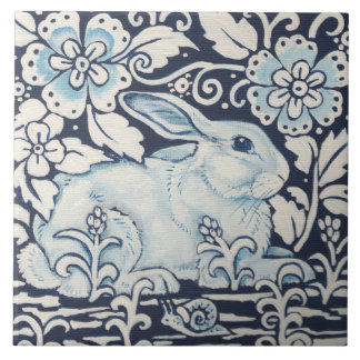 Kaninchen, Blume im Garten, Schnecke in blauem Wei Fliese