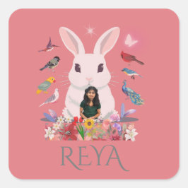 Kaninchen, Blume und Vögel, Personalisierte Gestal Quadratischer Aufkleber
