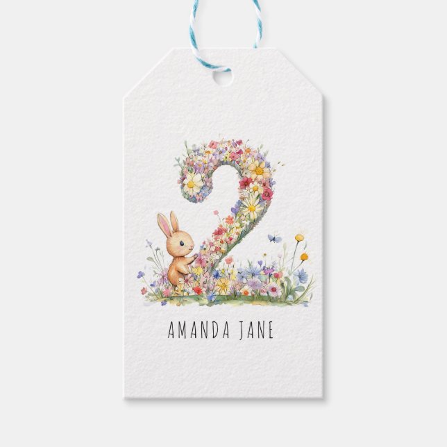 Kaninchen Blumen 2. Geburtstag Geschenkanhänger (Vorderseite)