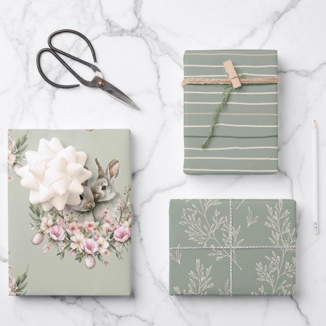 Kaninchen Blumenstrauß Osterbrunch Olive Farbe Geschenkpapier Set (Vorderseite)