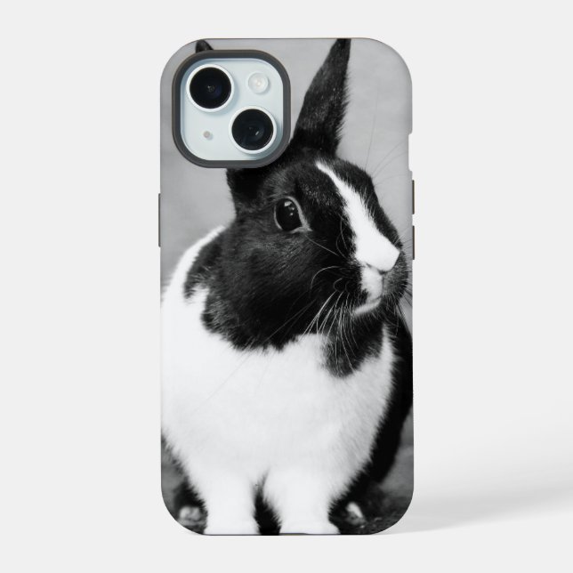 Kaninchen Bunny Foto Schwarz-Weiß personalizable iPhone 15 Hülle (Rückseite)