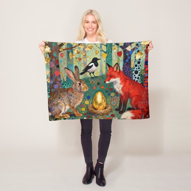 Kaninchen, Elster, Fuchs und „Das goldene Gänseei“ Fleecedecke (Beispiel)