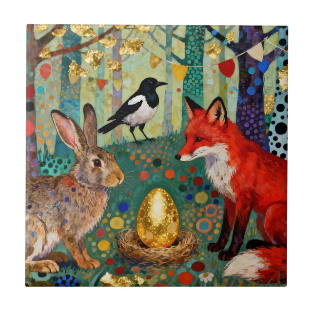 Kaninchen, Elster, Fuchs und „Das goldene Gänseei“ Fliese (Vorderseite)