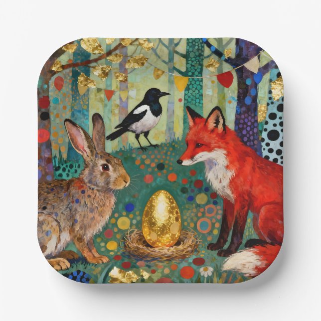 Kaninchen, Elster, Fuchs und „Das goldene Gänseei“ Pappteller (Vorderseite)