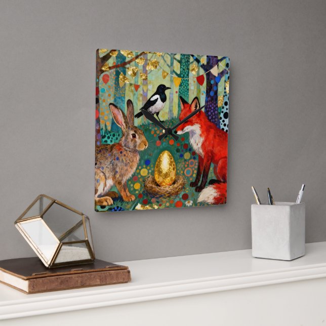 Kaninchen, Elster, Fuchs und „Das goldene Gänseei“ Quadratische Wanduhr (Büro)