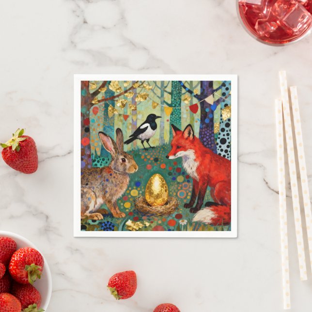 Kaninchen, Elster, Fuchs und „Das goldene Gänseei“ Serviette (Beispiel)