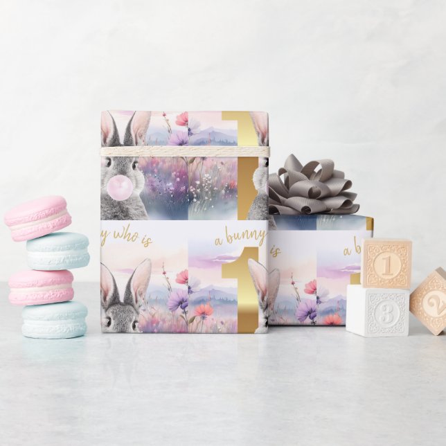 Kaninchen Erster Geburtstag blühend Rosa Gum Geschenkpapier (Babyparty)