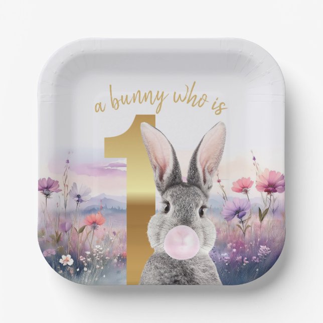 Kaninchen Erster Geburtstag blühend Rosa Gum Pappteller (Vorderseite)