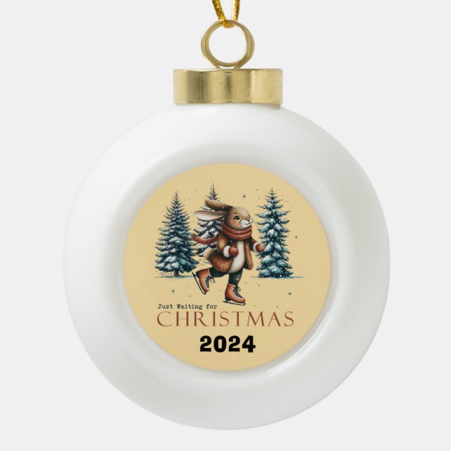 Kaninchen gerade zu Weihnachten Gewartet Keramik Kugel-Ornament (Vorderseite)