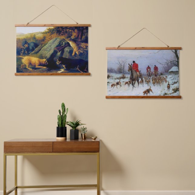 Kaninchen Hunt Fox Jagd Rustikaler Outdoorsport Wandteppich Mit Holzrahmen (Asymmetrisch)